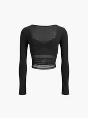 Front Knot Mesh Crop Long Sleeve Shirt