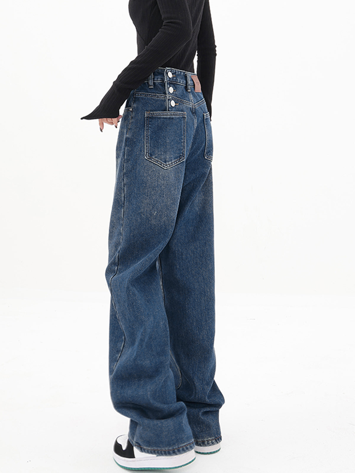 Three Button Baggy Wide Leg Boyfriend Jeans