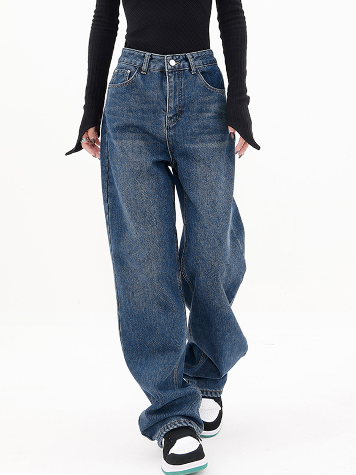 Three Button Baggy Wide Leg Boyfriend Jeans