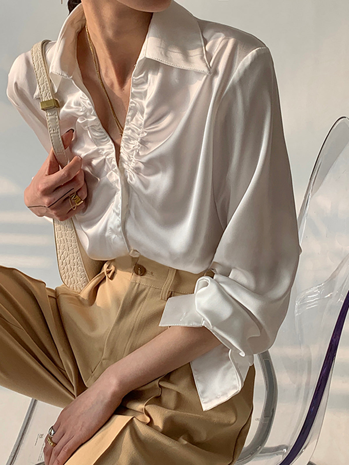 Oversized Button Up Ruched Trim Satin Shirt