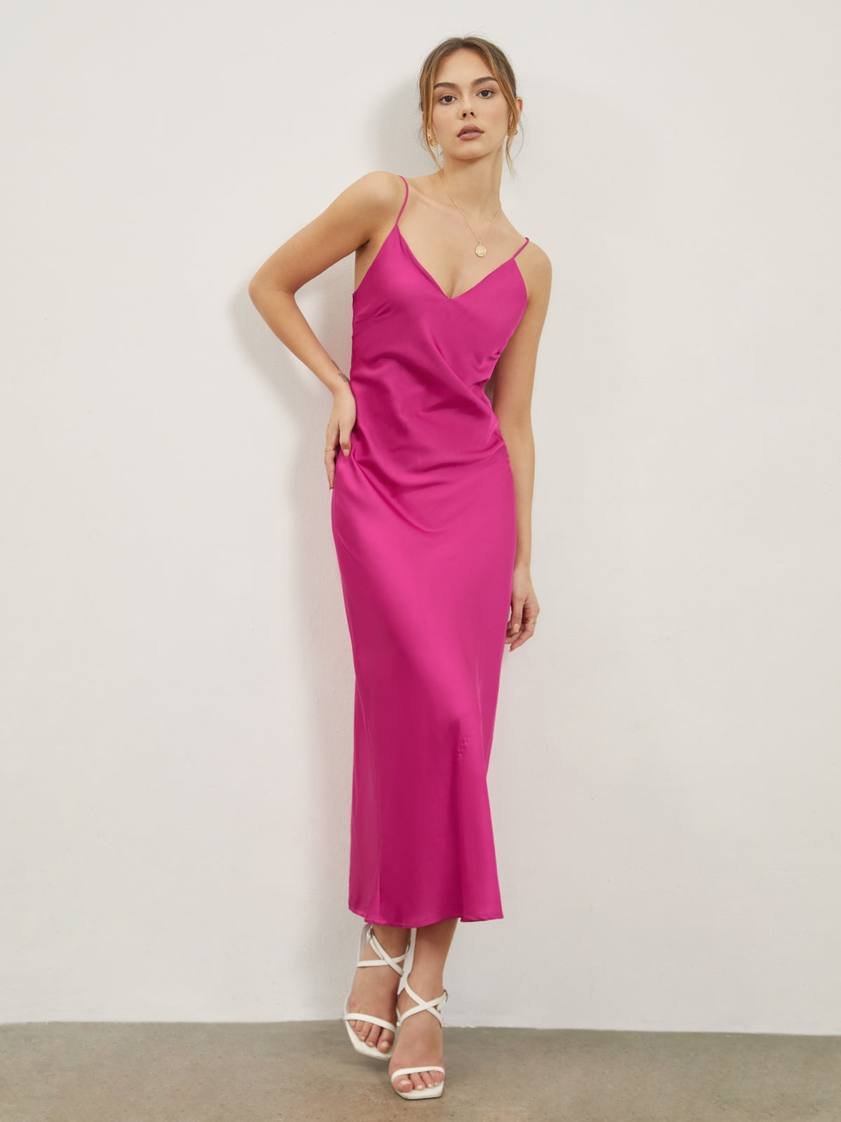 Rosy Bush Open Back Satin Strap Long Dress