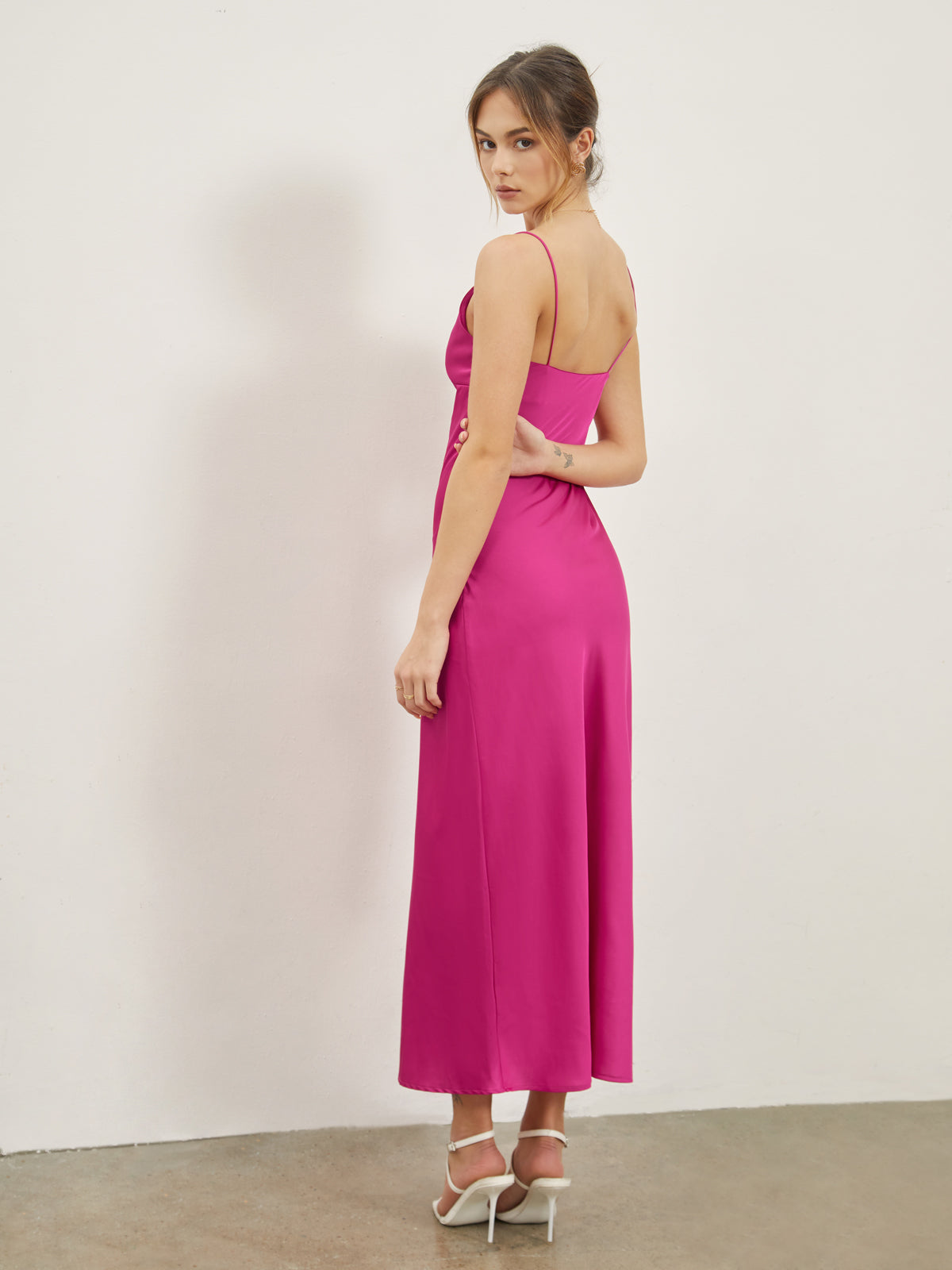 Rosy Bush Open Back Satin Strap Long Dress