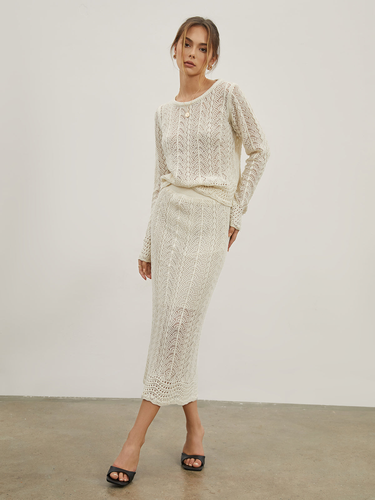 Eyelet Cable Knit Two Piece Skirt Set