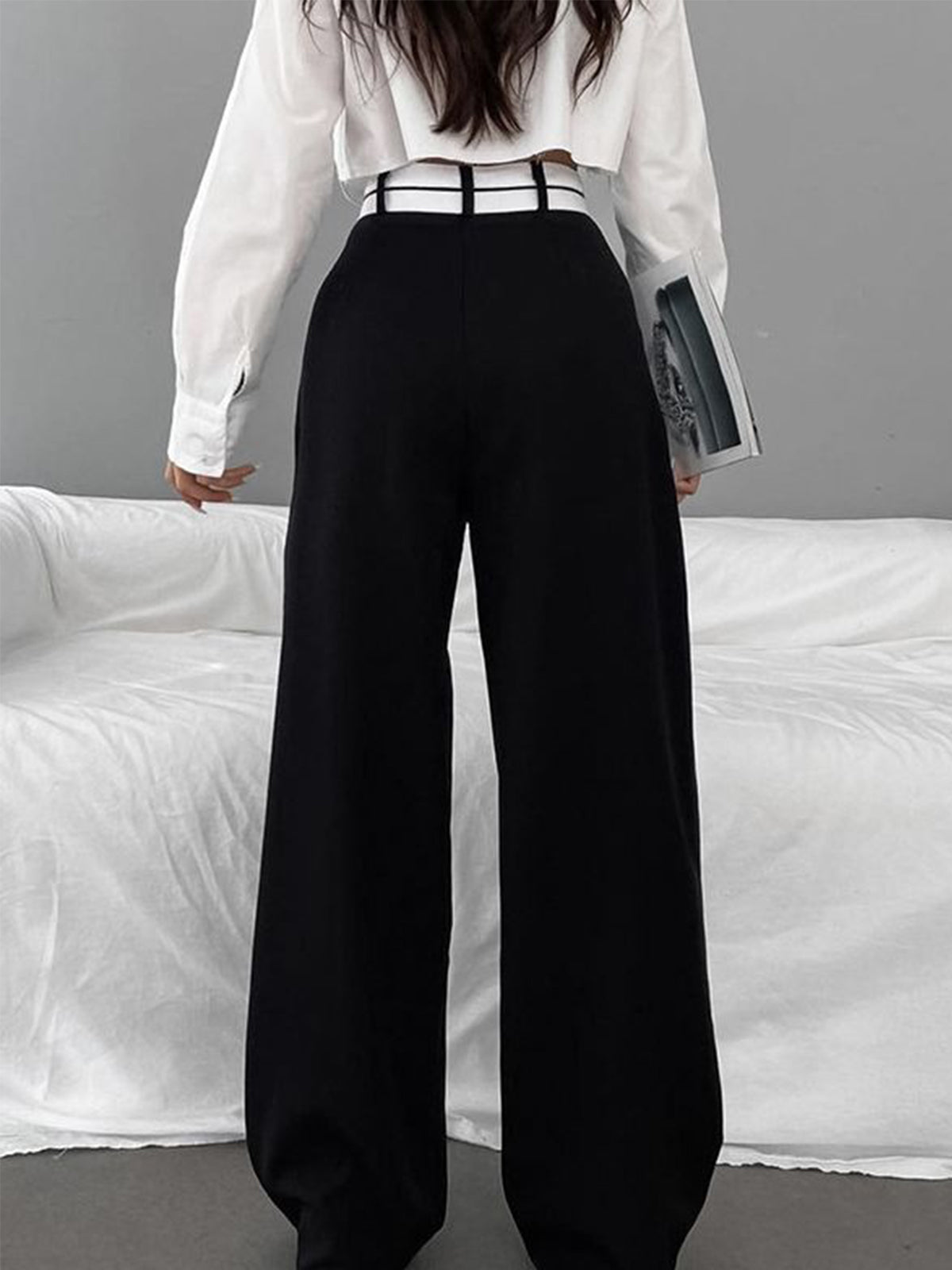 Asymmetrical Contrast Waistband Wide Leg Dress Pants