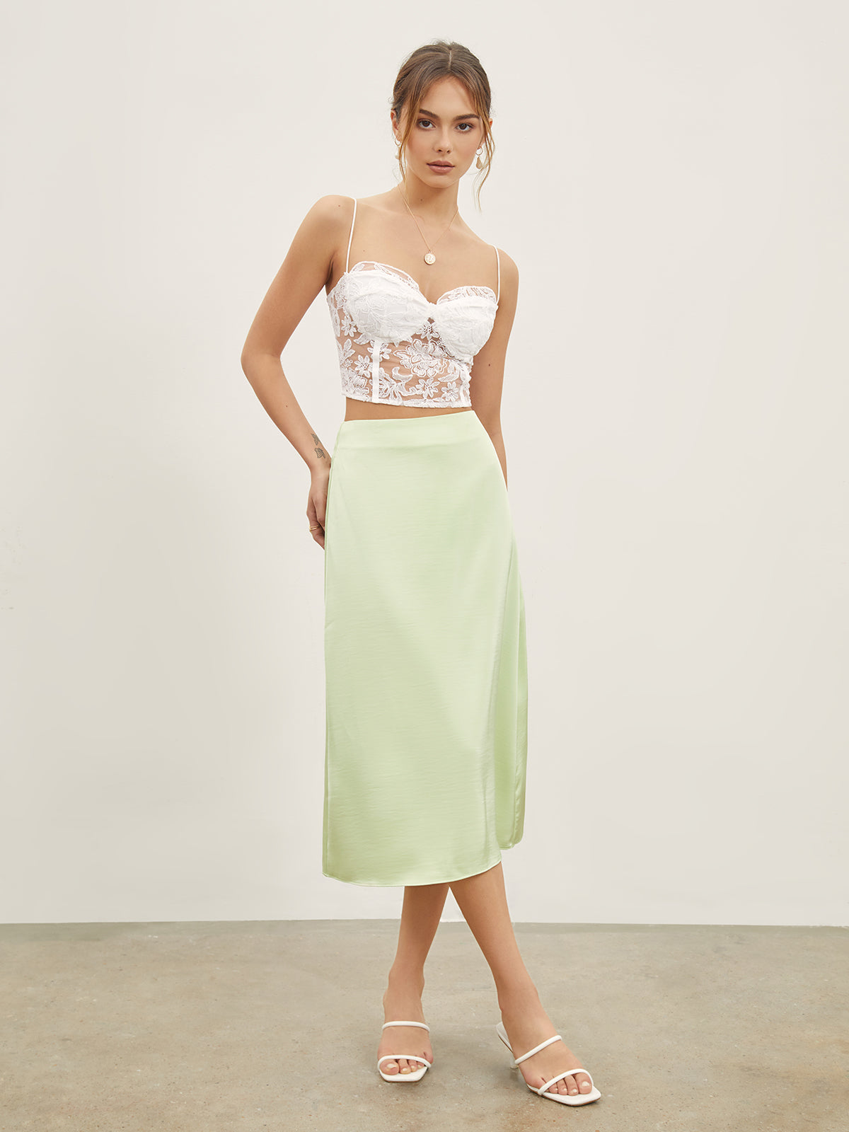 High Waisted Satin Midi Slip Skirt