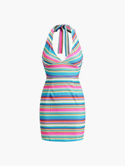 Rainbow Halter Open Back Short Dress