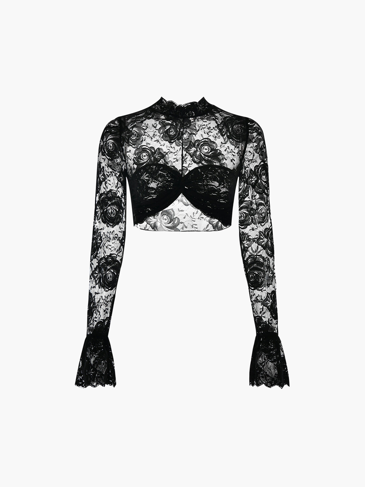 Rose Lace Mesh Mock Neck Crop Top