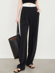 Contrast Waistband Pleated Full Length Wide Leg Pants