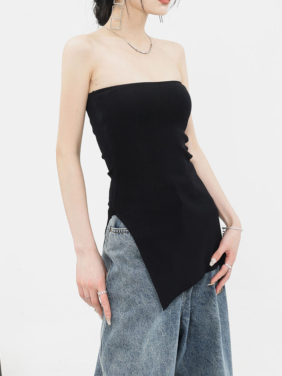 Asymmetrical Slit Strapless Top