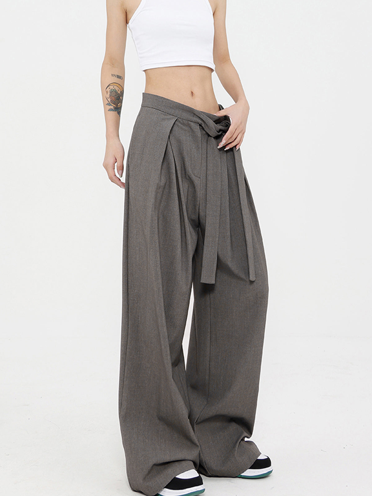 Tied Pleated Full Length Wide Leg Dress Pants