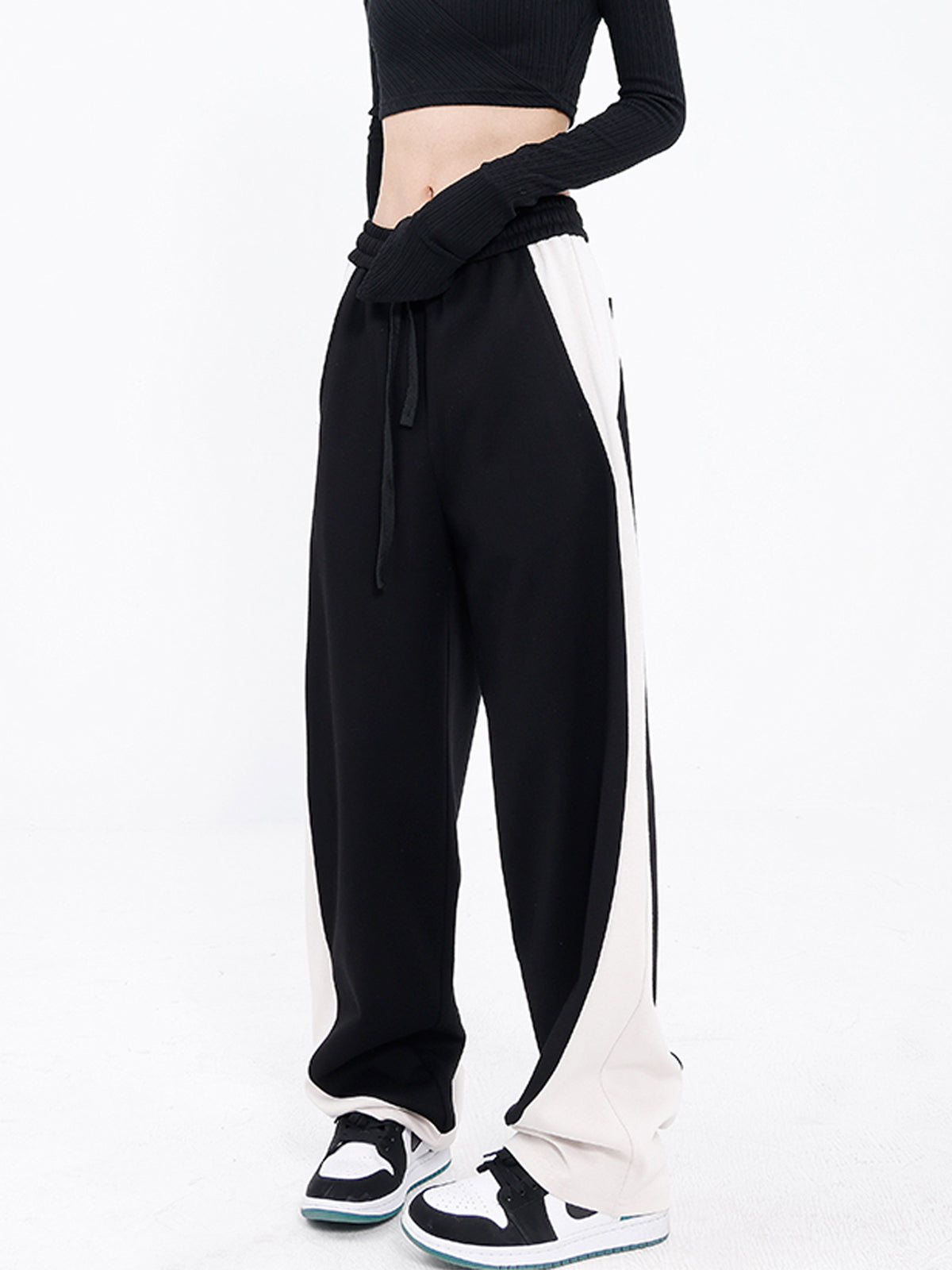 Drawstring Two Tone Baggy Wide Leg Pants