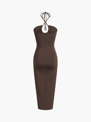 Halter Neck Ruched Drawstring Slit Midi Dress