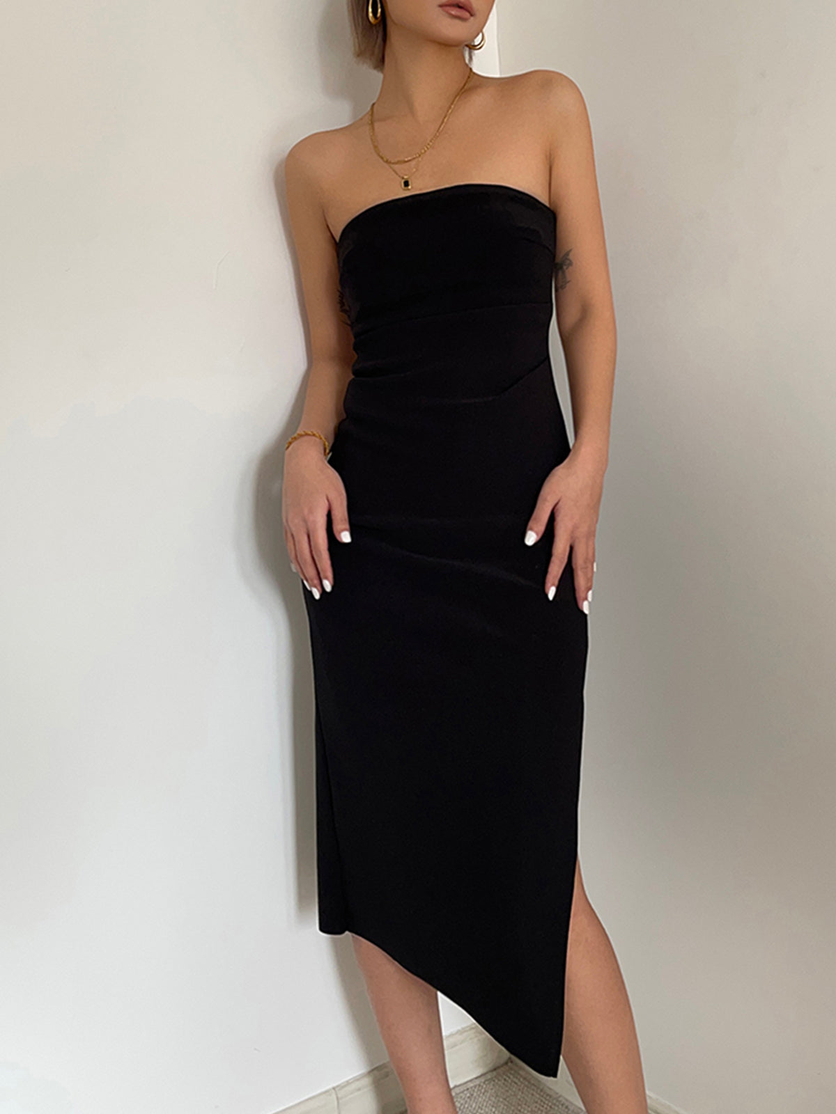 Ruched Slit Strapless Midi Dress