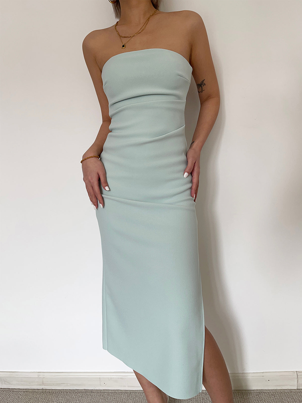 Ruched Slit Strapless Midi Dress