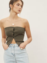 Button Down Knit Crop Strapeless Tube Top