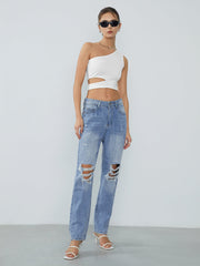 Ripped Denim Straight Leg Jeans