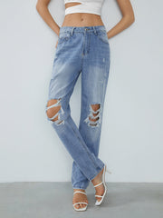 Ripped Denim Straight Leg Jeans