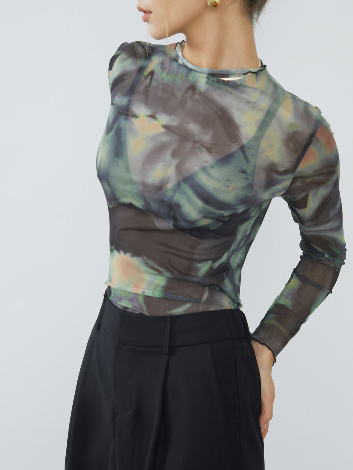 Lettuce Trim Mesh Tulle Printed Shirt