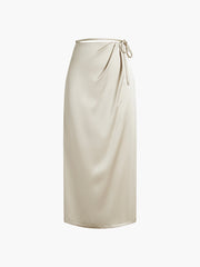 Front Tie Satin Long Skirt