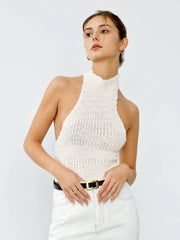 Textured Knit Halter Open Back Tank Top