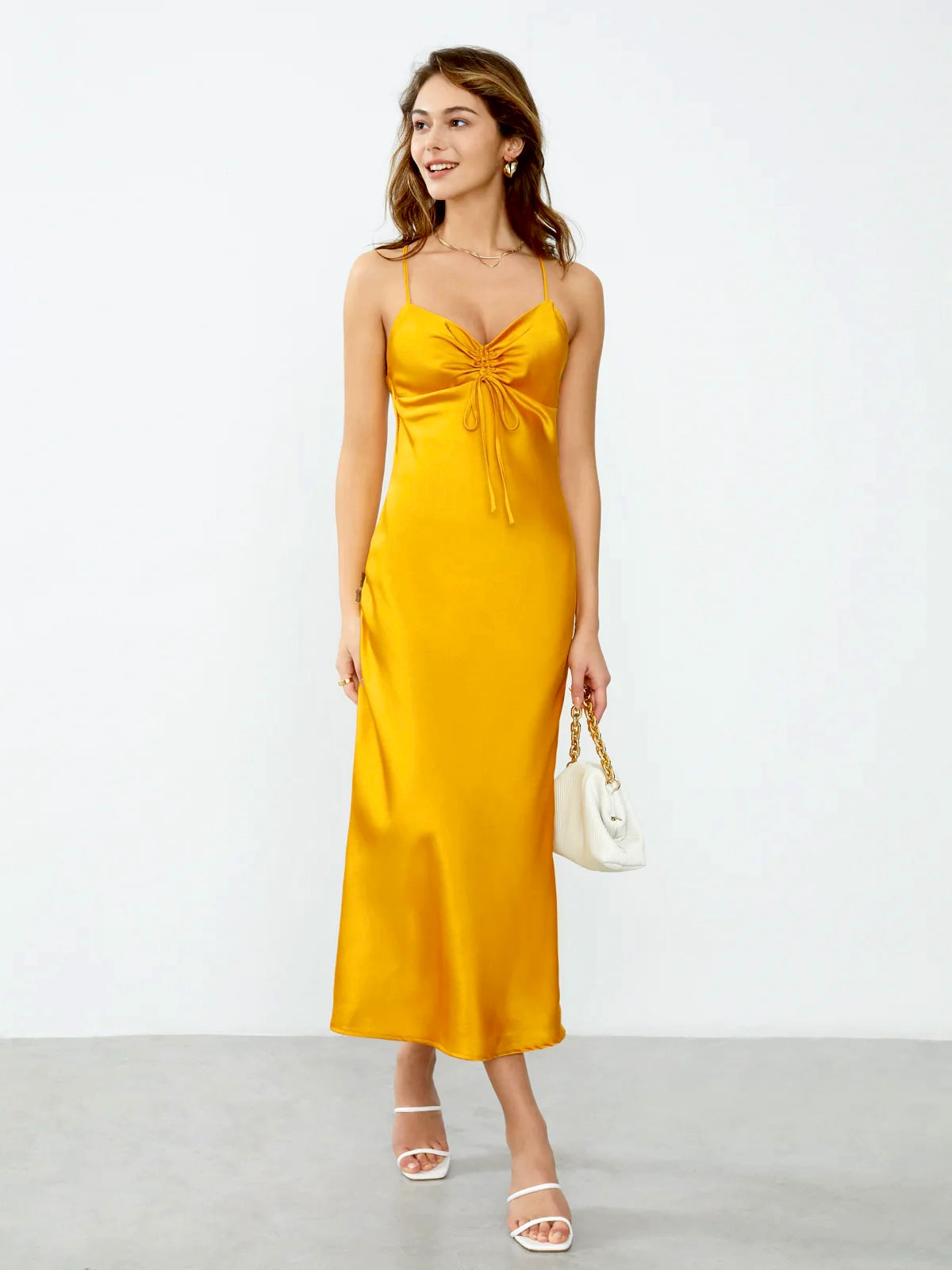 Criss Cross Sweetheart Satin Midi Dress