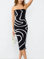 Wavy Print Strapless Midi Dress