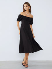 Off Shoulder Puff Sleeve Midi Dress