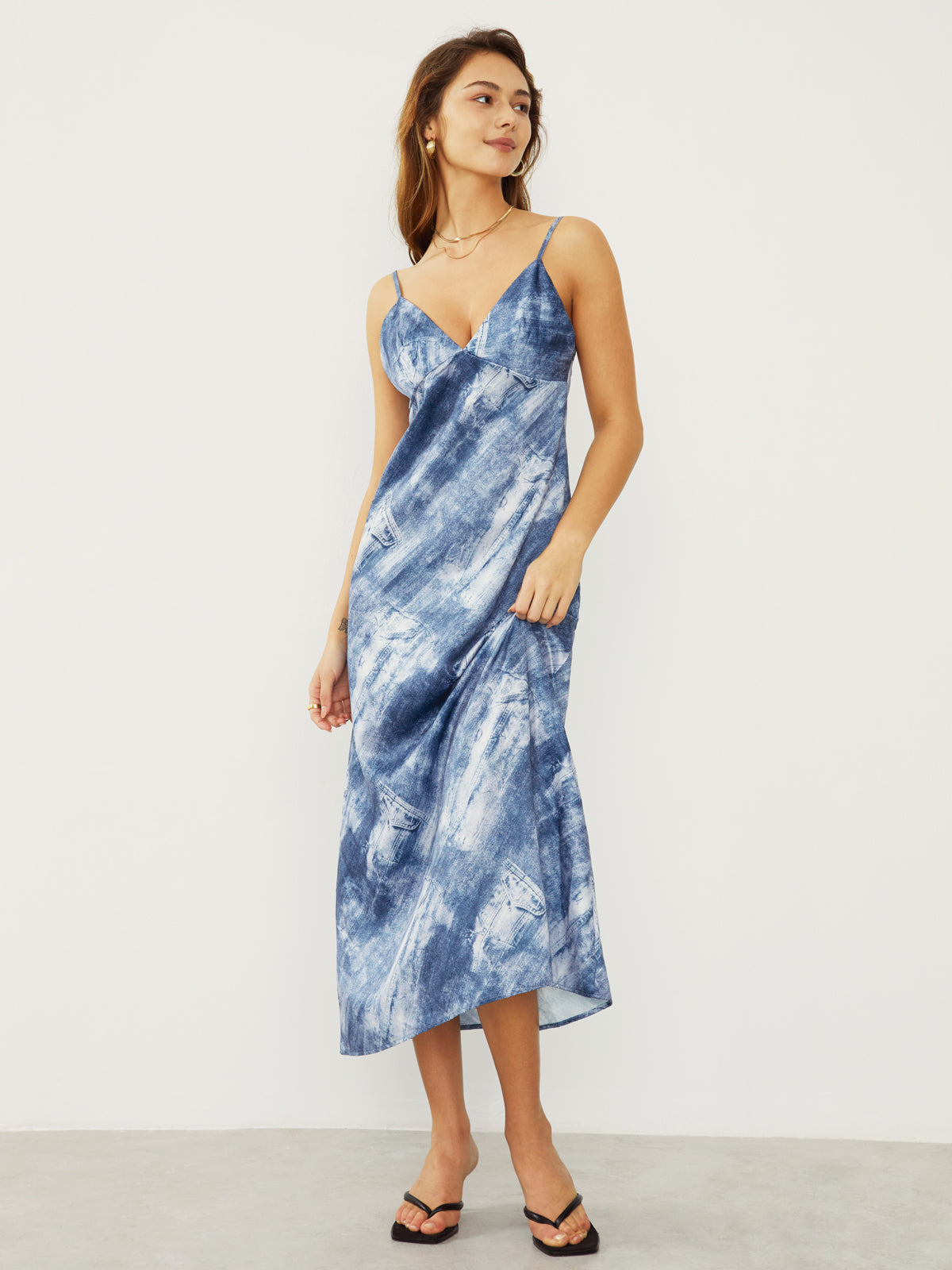 Printed Denim Slip Long Dress