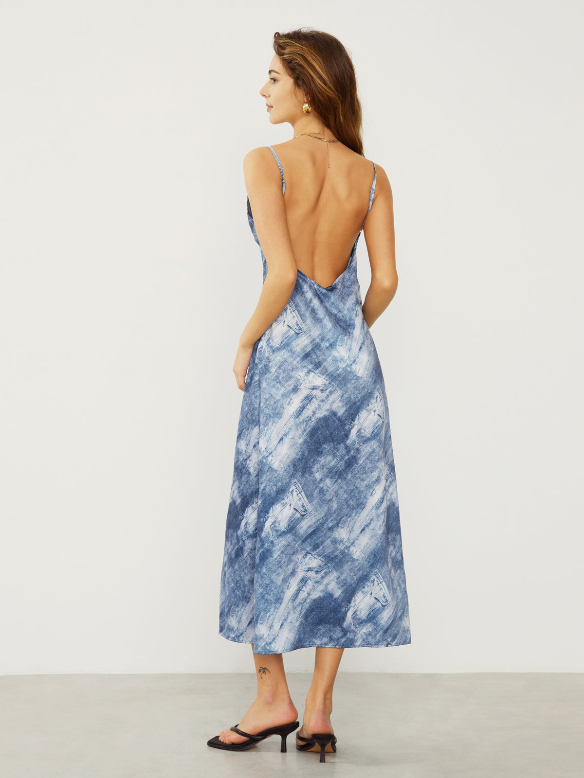 Printed Denim Slip Long Dress