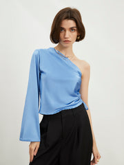 One Sleeve Ruched Satin Blouse