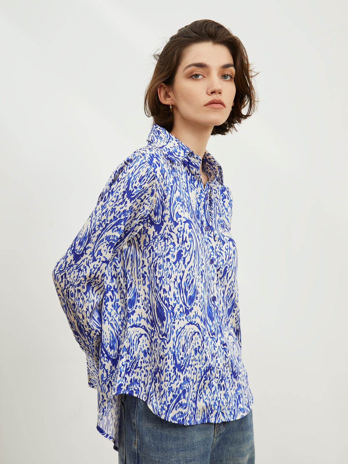 Printed Satin Button Down Shirt