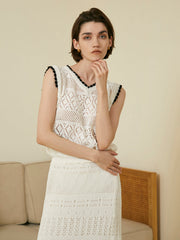 Fringed Crochet Eyelet Two Piece Skirt Set