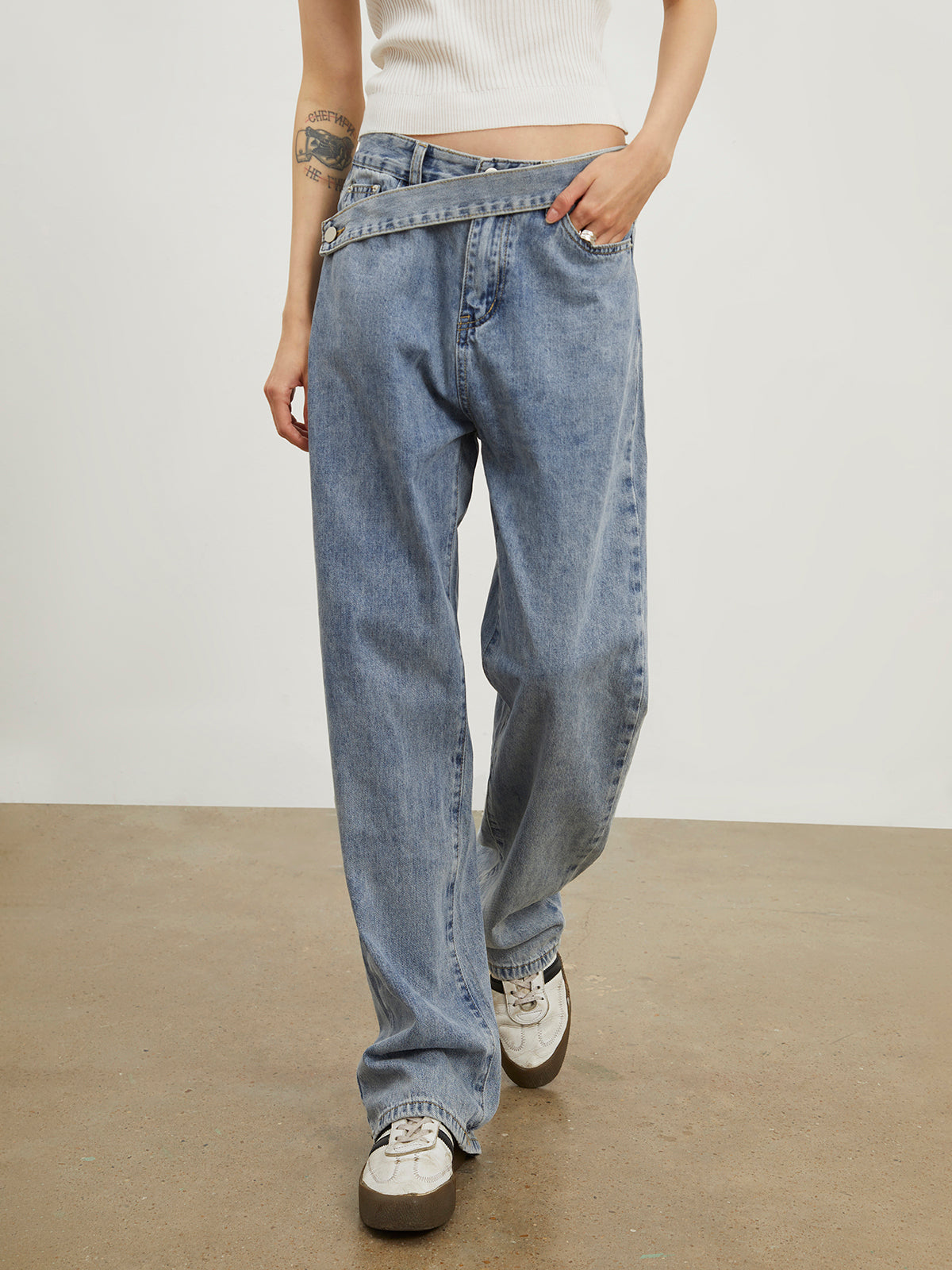 Oblique Belt Denim Straight Leg Jeans