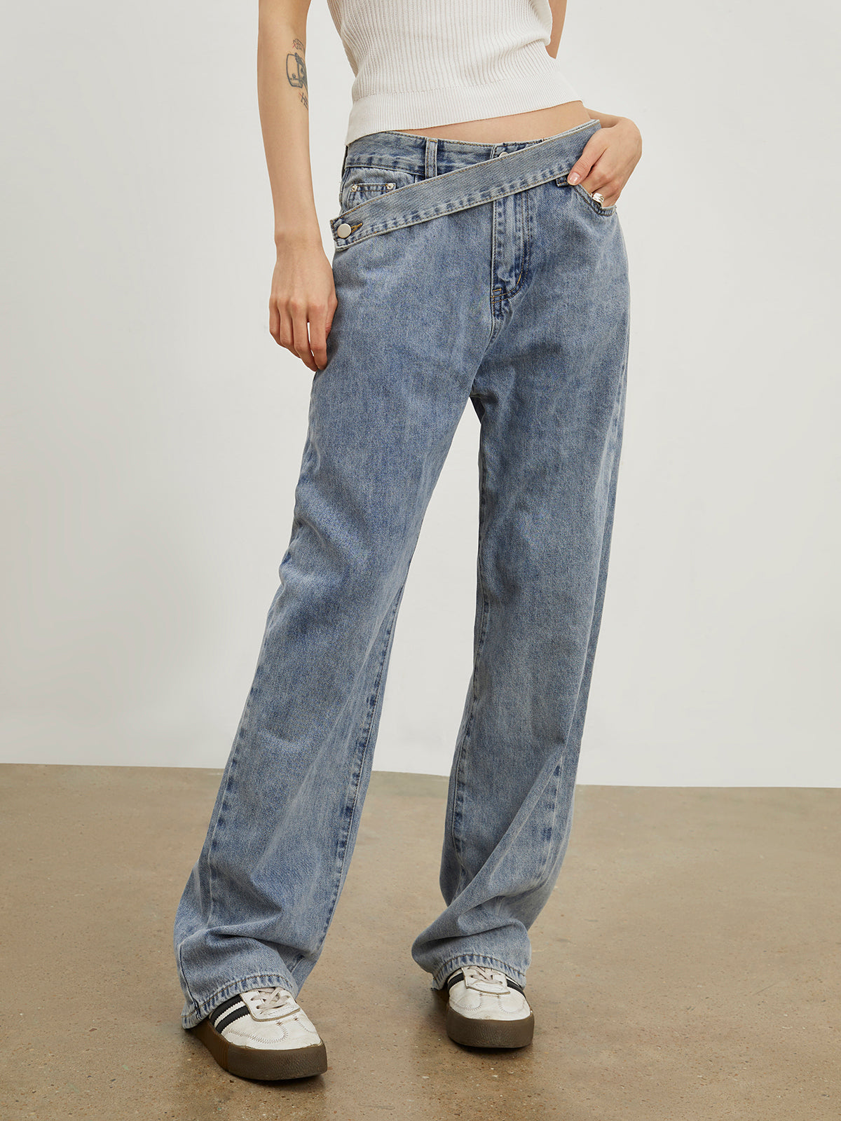 Oblique Belt Denim Straight Leg Jeans