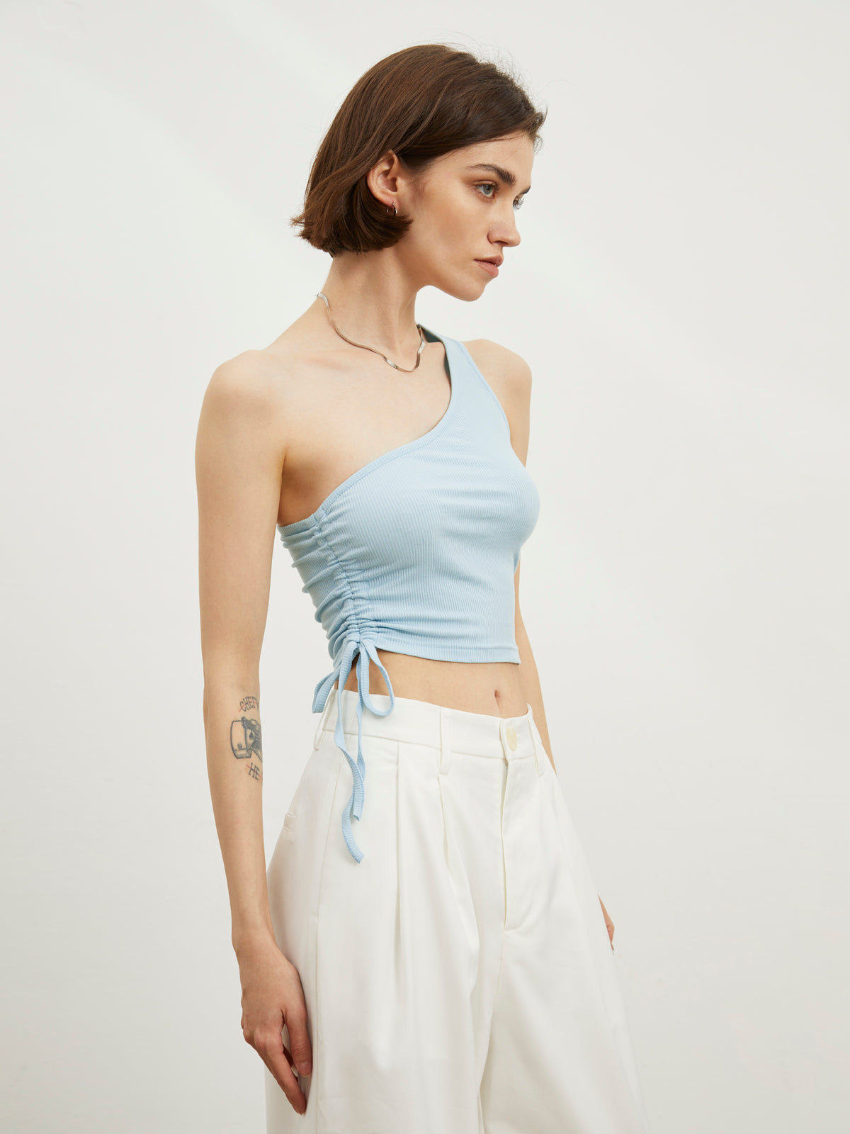 Drawstring One Strap Rib Crop Top