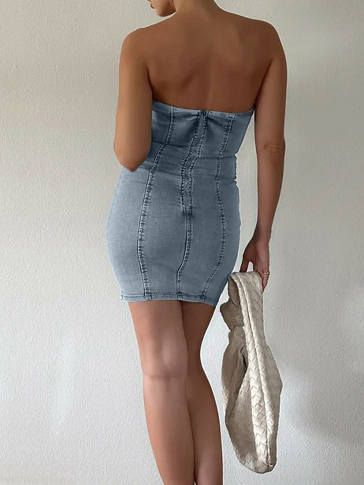 Zippered Denim Tube Short Dress