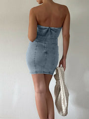 Zippered Denim Tube Short Dress