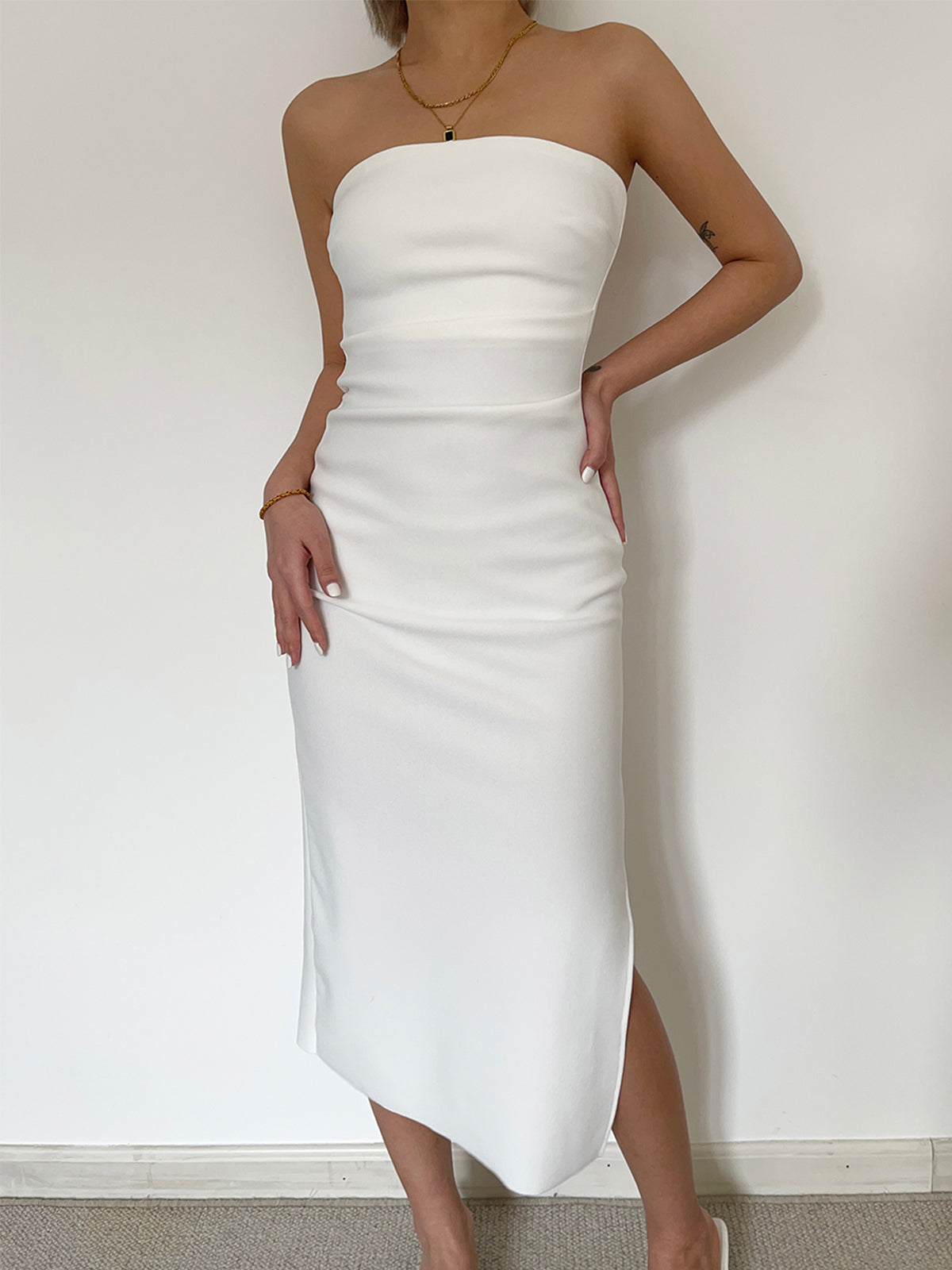 Ruched Slit Strapless Midi Dress