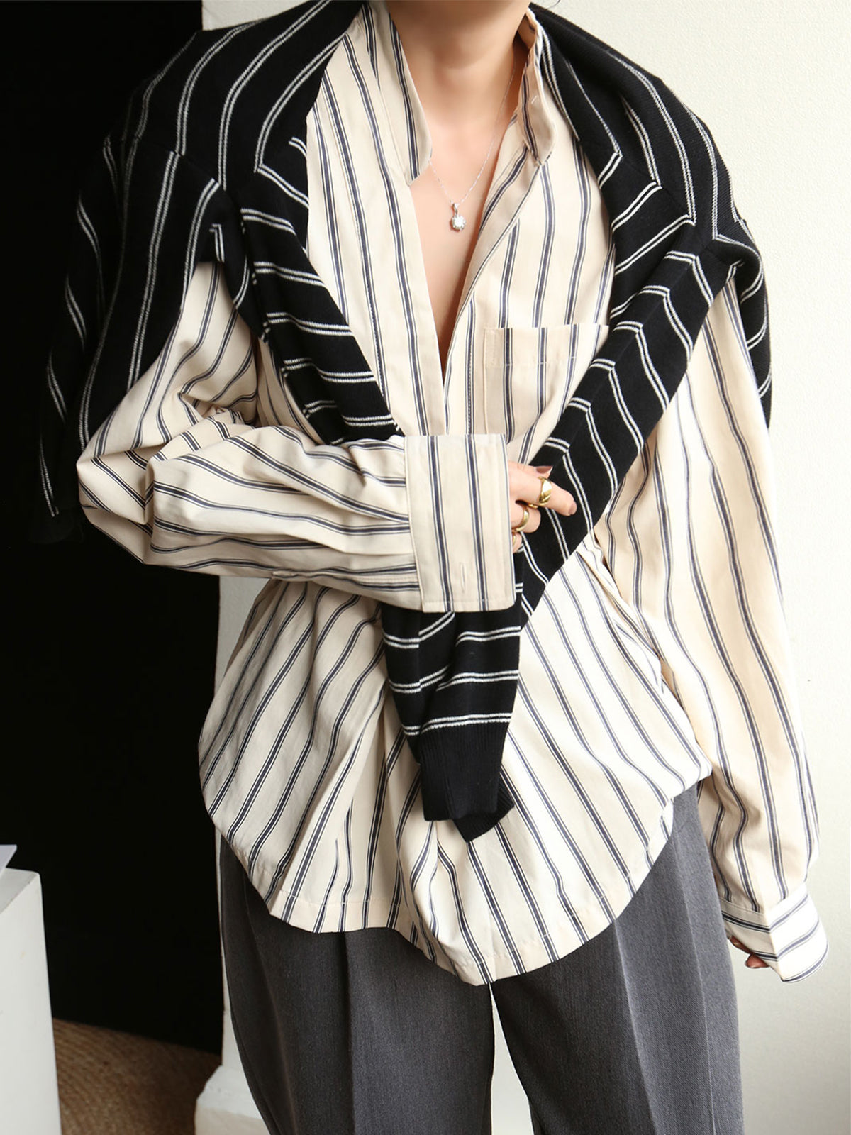 Asymmetrical Collar Oversized Stripe Corset Shirt