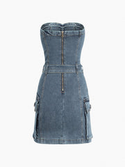 Belted Denim Tube Short Dress