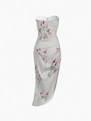 Floral Ruched Satin Tube Long Dress