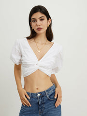 Cloud Eyelet Puff Sleeve Crop Blouse