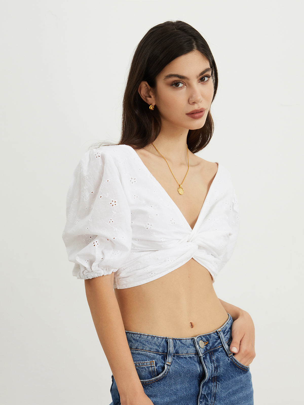 Cloud Eyelet Puff Sleeve Crop Blouse