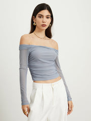 Off-Shoulder Mesh Ruched Crop Top