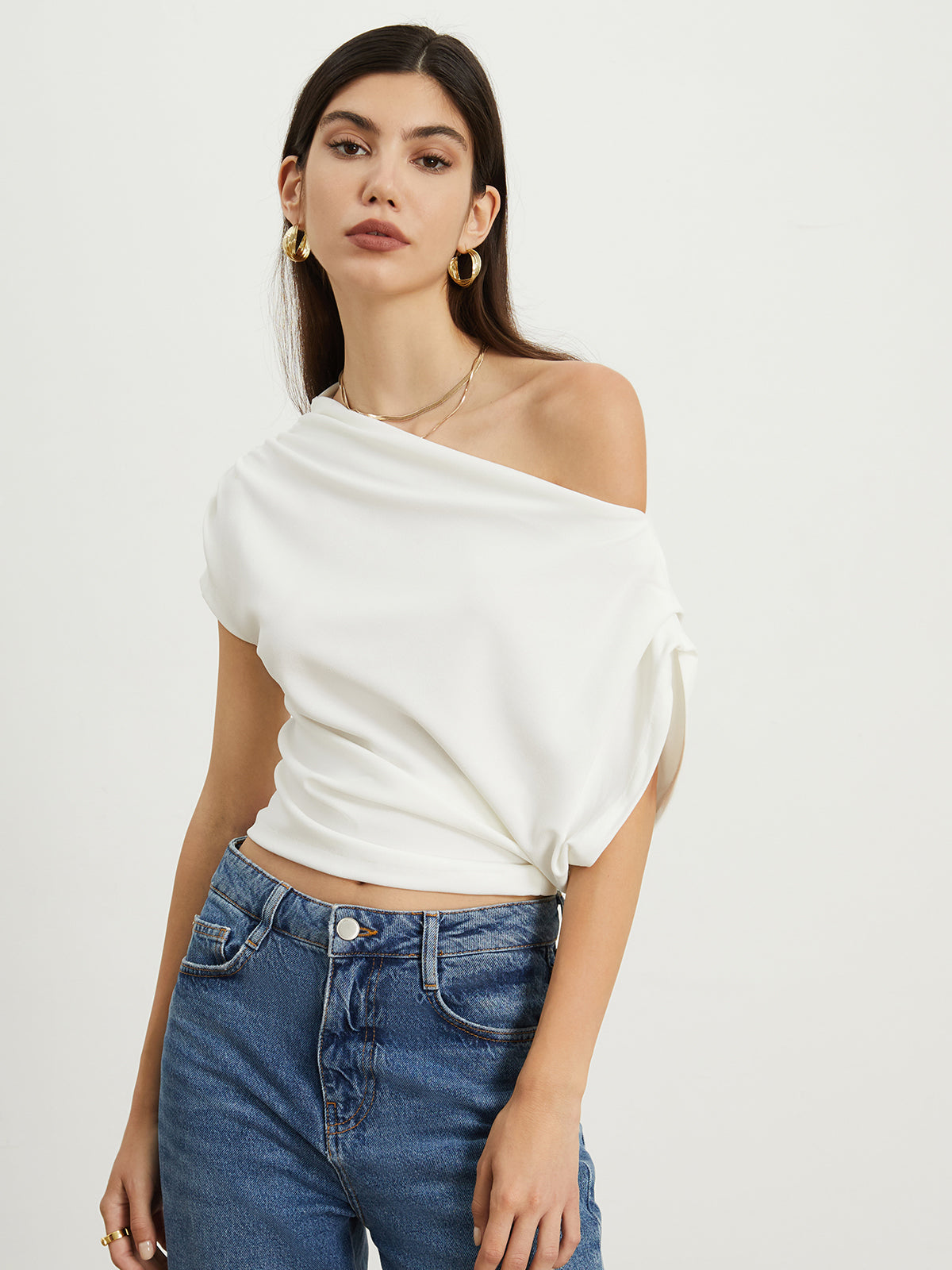 Asymmetrical Sleeve Ruched Top