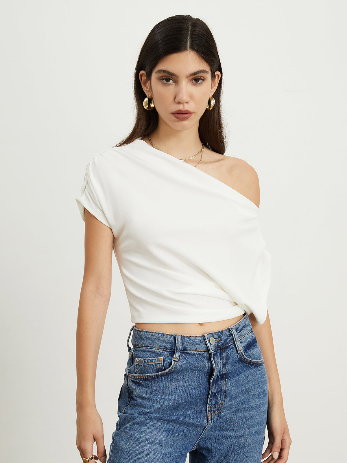 Asymmetrical Sleeve Ruched Top