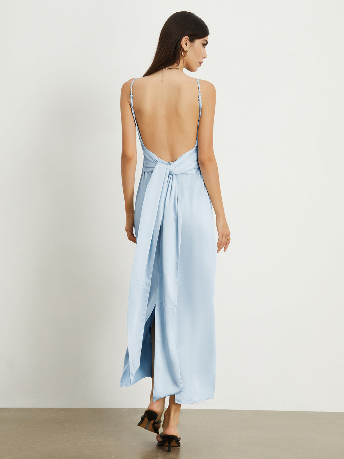 Tied Open Back Satin Long Dress