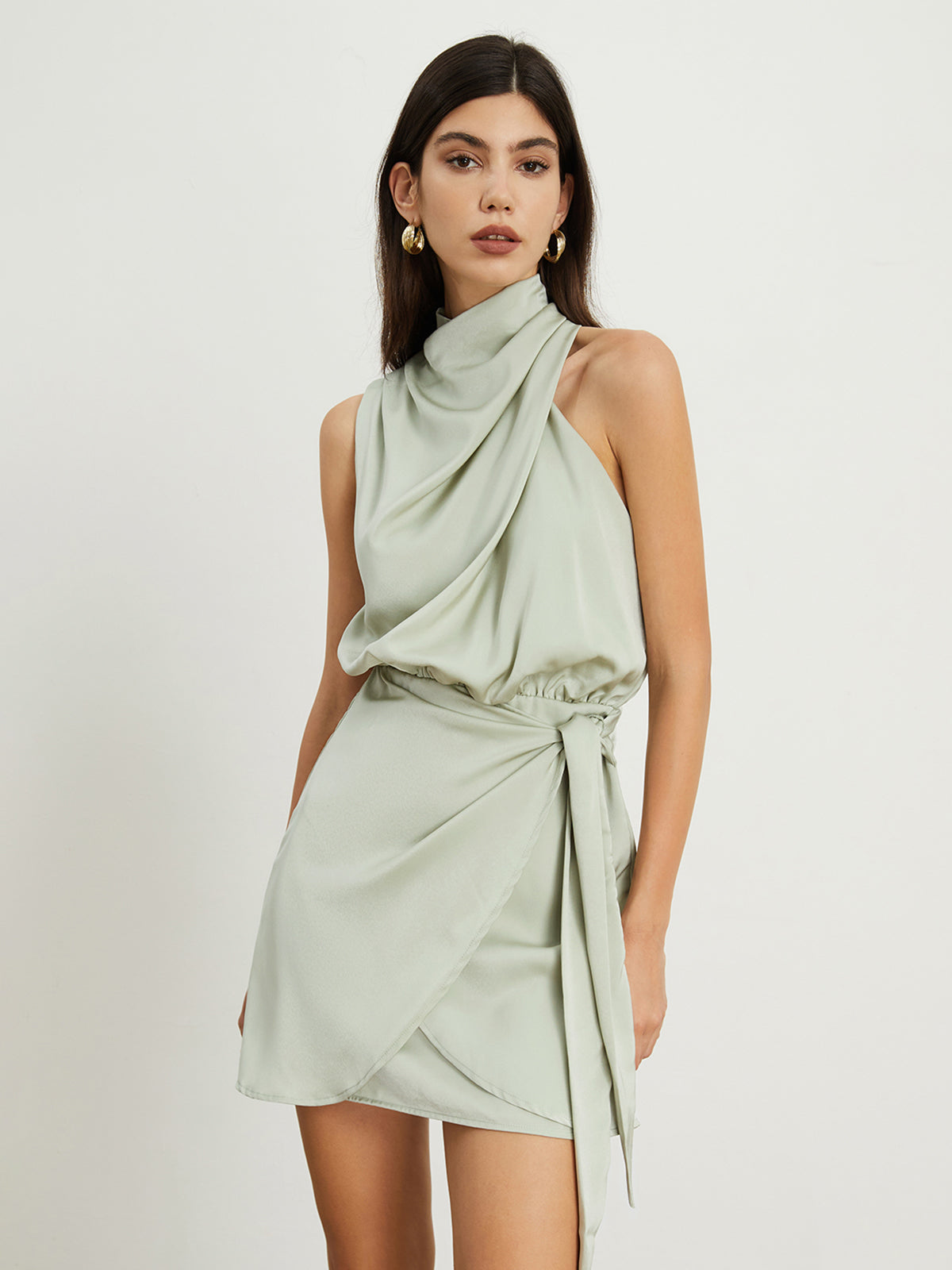 Satin Mock Neck Ruched Short Dress