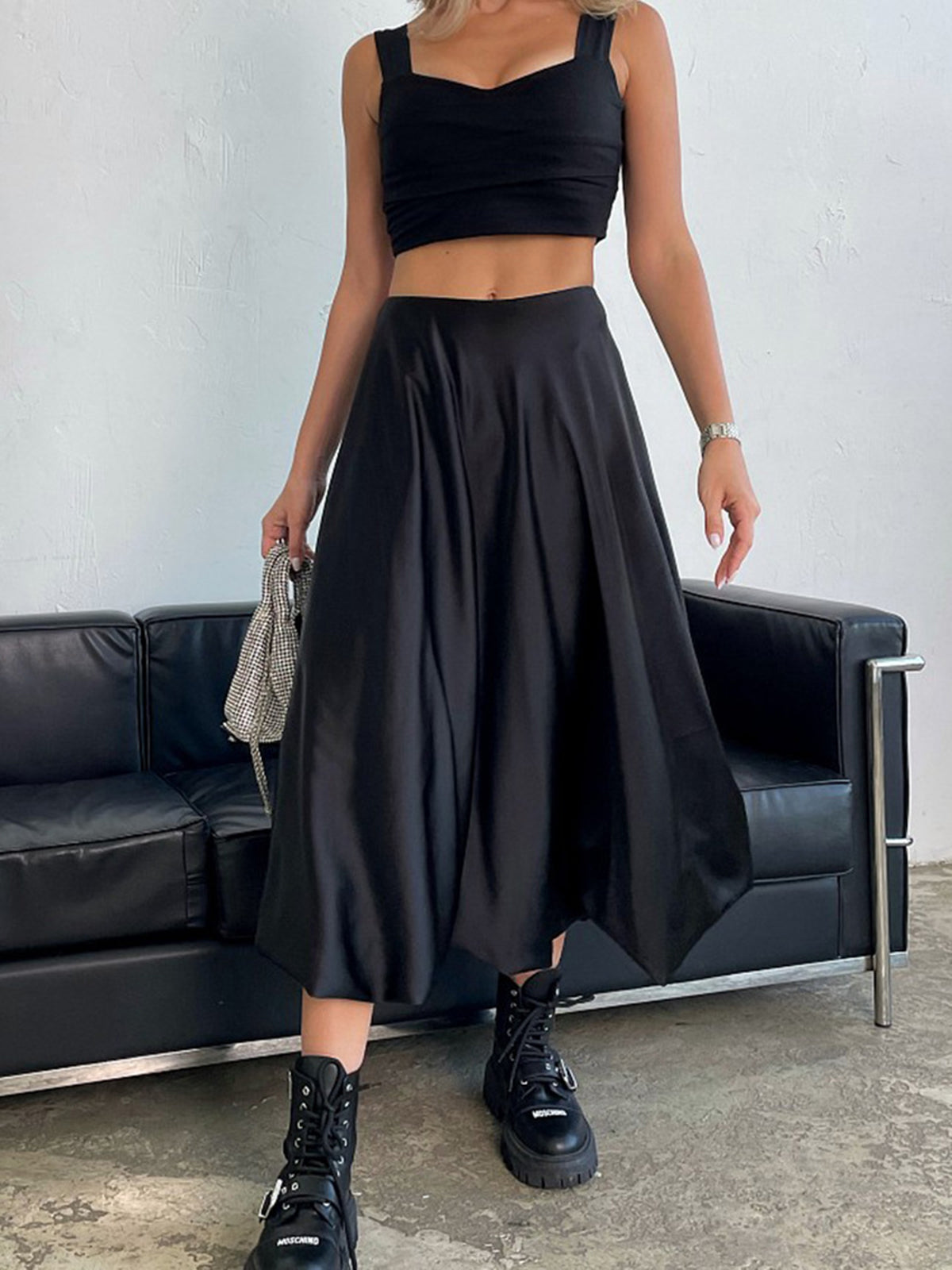 Zippered Satin A-Line Midi Skirt