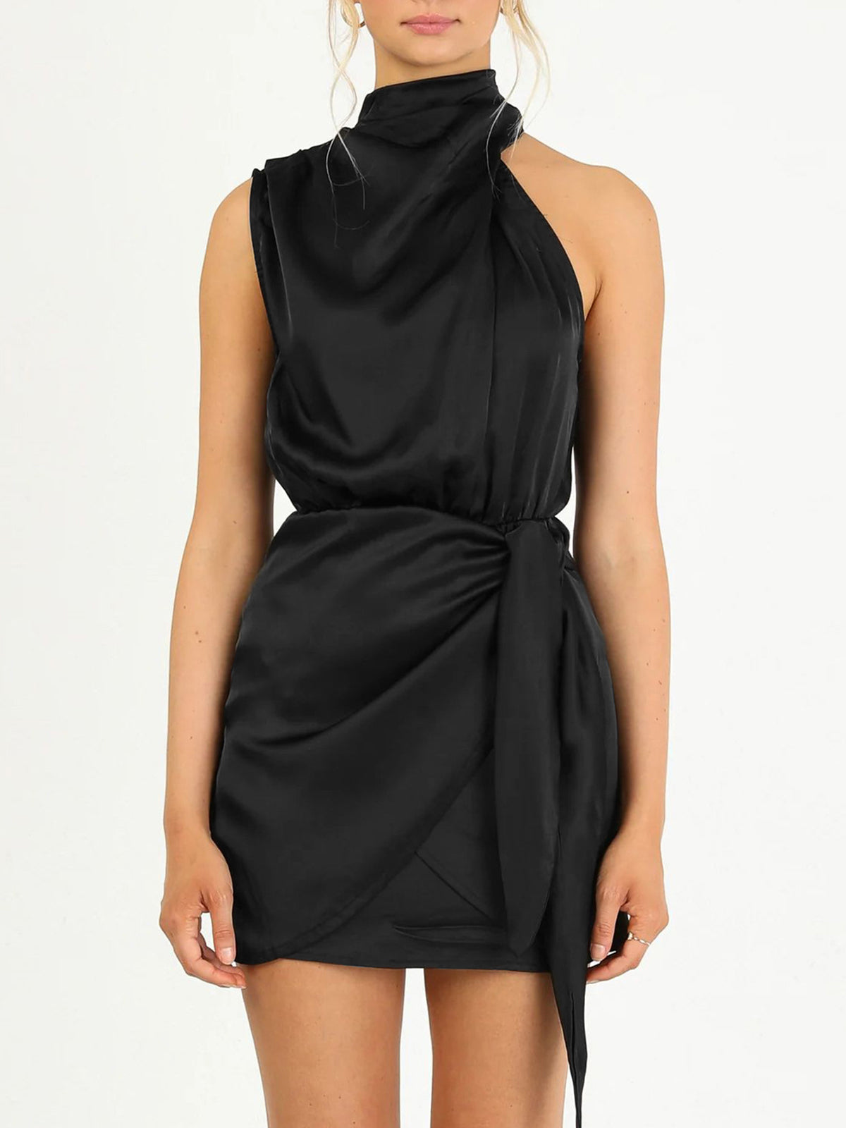 Satin Mock Neck Ruched Short Dress